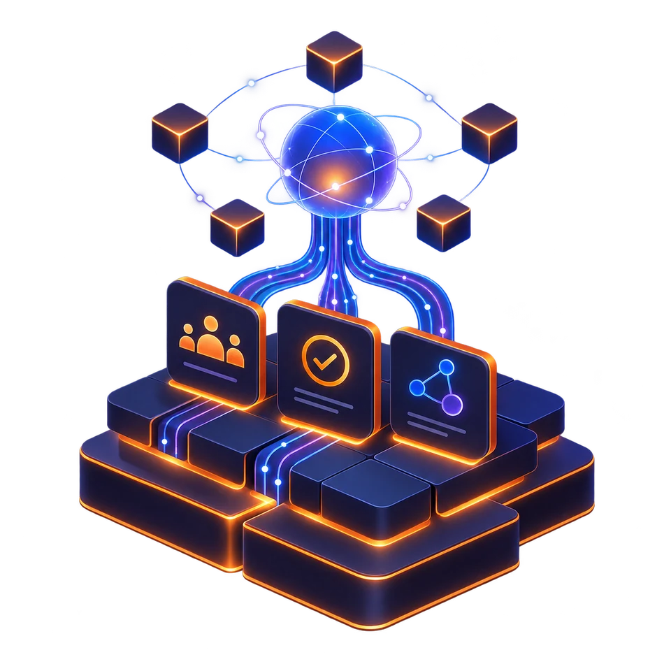 Ilustração de uma base de governança que conecta pessoas, processos e tecnologia a fluxos organizados de inteligência artificial.
