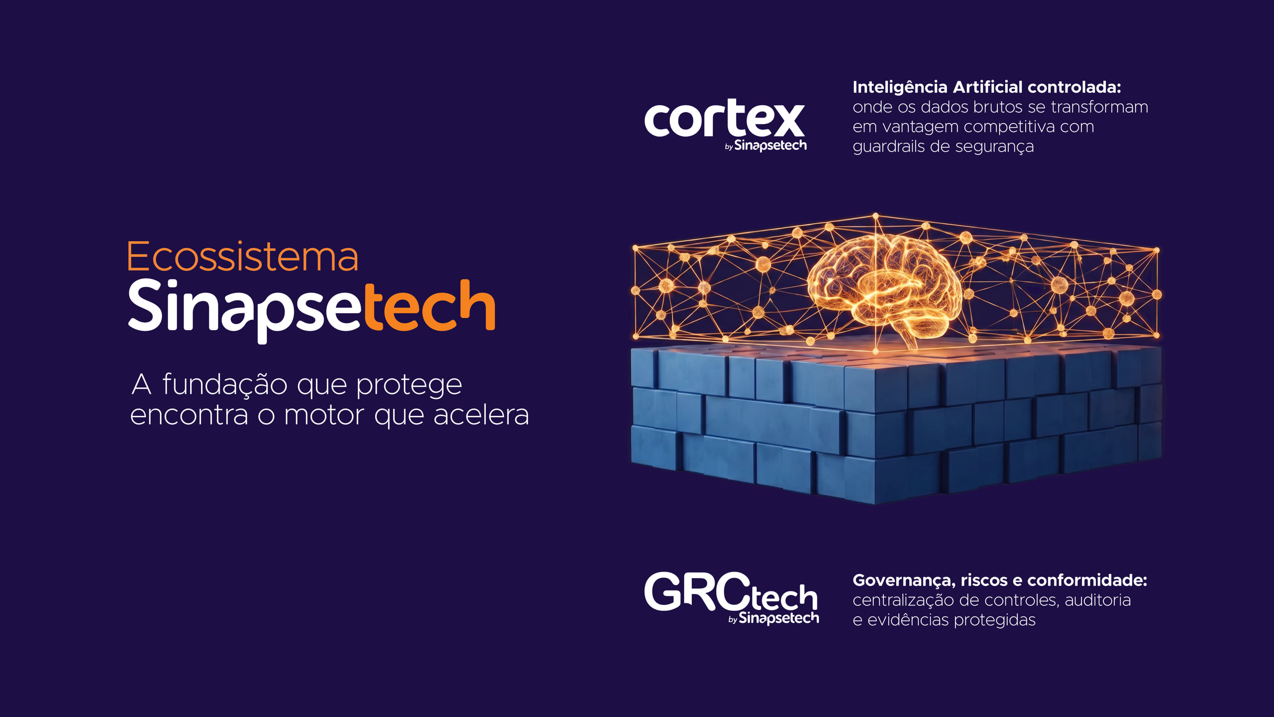 SinapseTech ecosystem: GRCtech forms the foundation of governance, risk and compliance, with centralized controls, auditing and protected evidence. Above it, Cortex acts as the engine of controlled artificial intelligence, transforming raw data into competitive advantage with security guardrails.